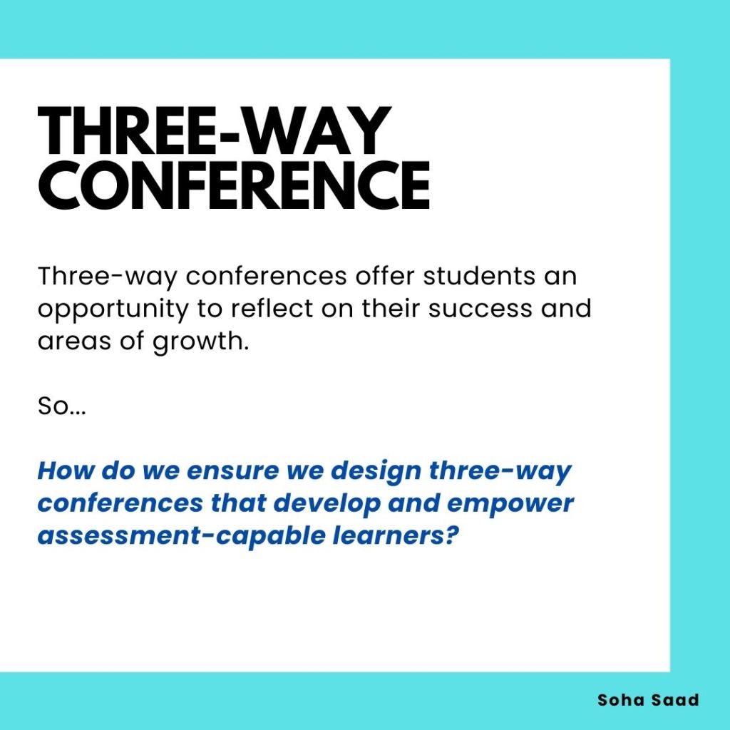 "Student leading a three-way conference with teacher and parents to discuss learning goals."