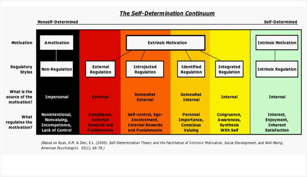 A diagram illustrating the Self-Determination Continuum, showcasing various types of motivation ranging from nonself-determined (amotivation and external regulation) to self-determined (identified regulation and intrinsic motivation), along with their corresponding regulatory styles and sources of motivation.